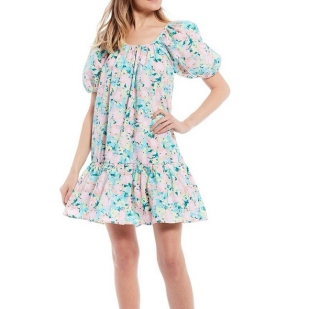 Gianni Bini Pink and Turquoise Floral Puff Sleeve Dress Sz 6